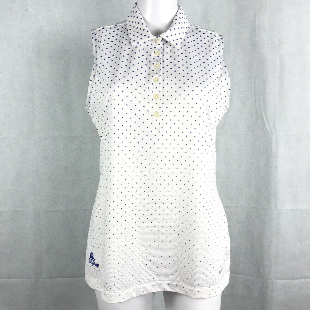 Nike Dri Fit Polo Shirt Womens Sz M White Blue Polka Dot Sleeveless The Landings